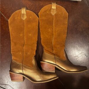 SILVIA COBOS Womens Brown Stars Galaxy Pointed Toe Block Heel Western Boot